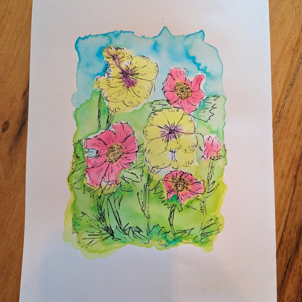 Pink & Yellow Wildflower Ink and Watercolor Painting - 9"x12"